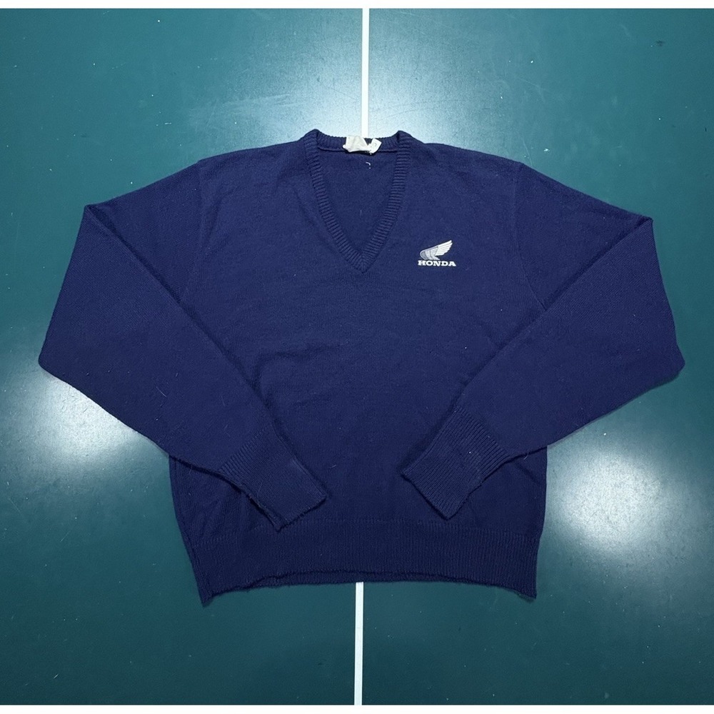 Vintage 70s Honda Sweater Mens Large Knit Promo Racing V Neck Navy Blue USA Made